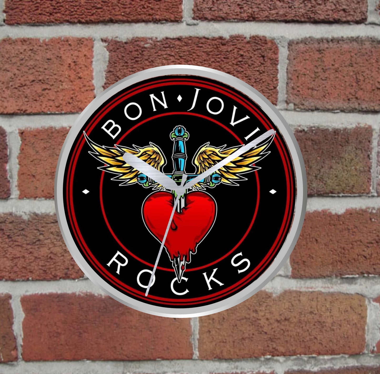 Wall clock with Bon Jovi logo on a brick wall background