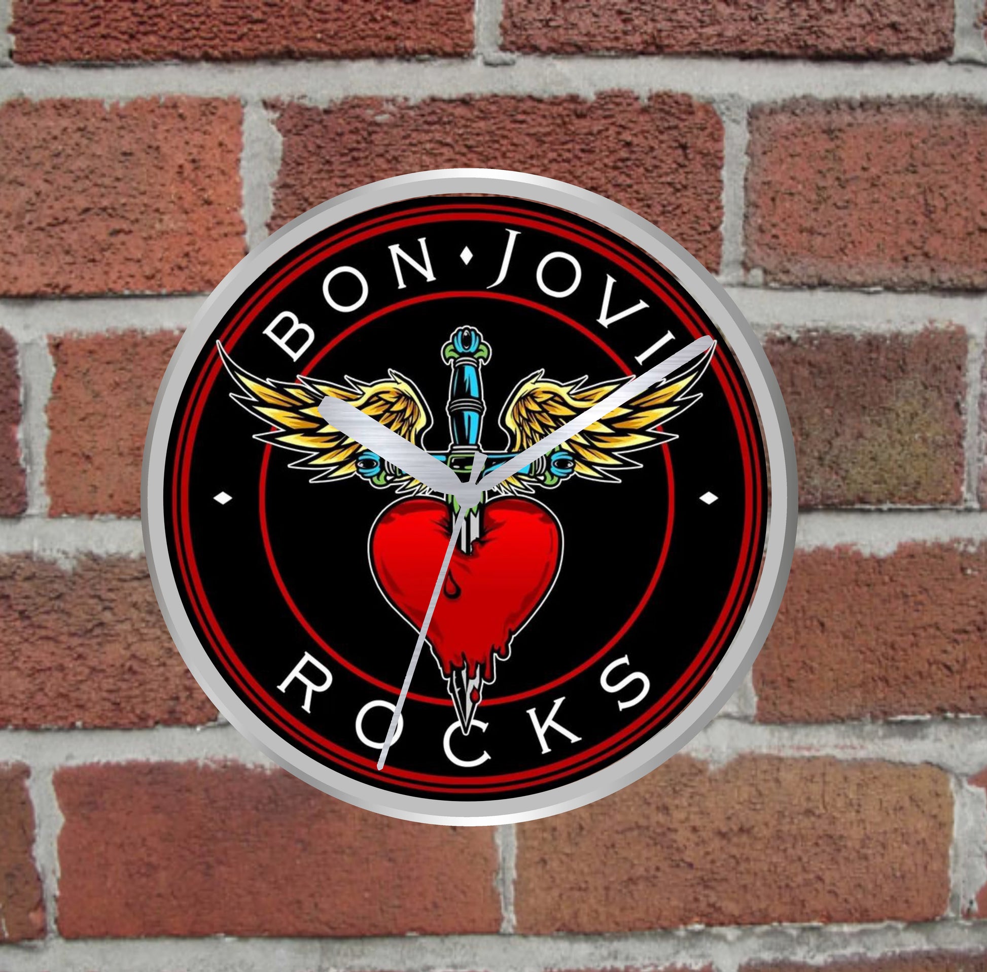 Wall clock with Bon Jovi logo on a brick wall background