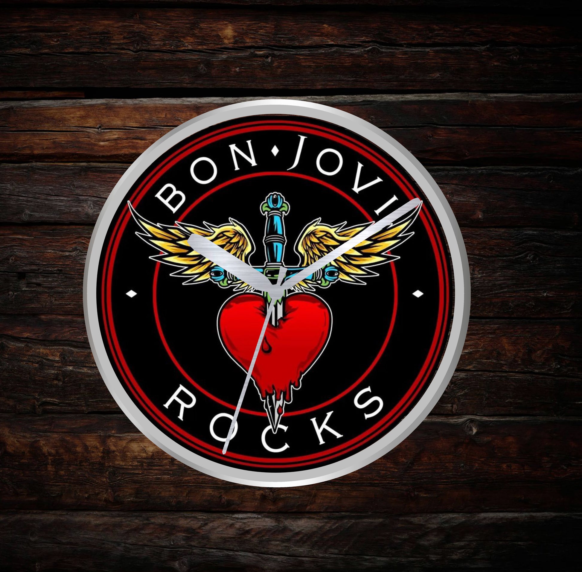 Wall clock with Bon Jovi logo on a wooden background