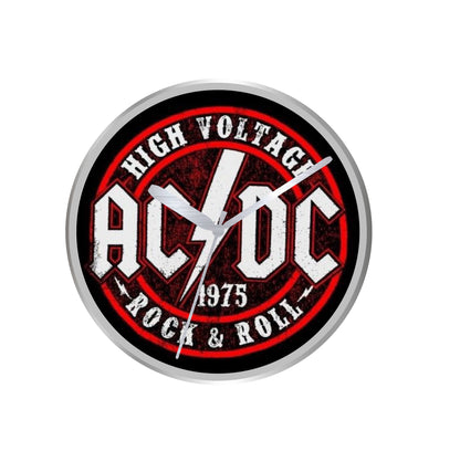AC/DC-themed wall clock with red and black design on a white background