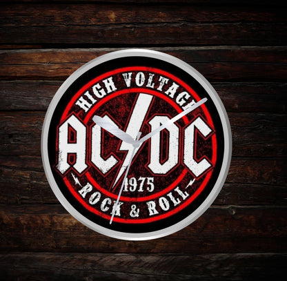 AC/DC logo with 'High Voltage Rock & Roll' text on a wooden background